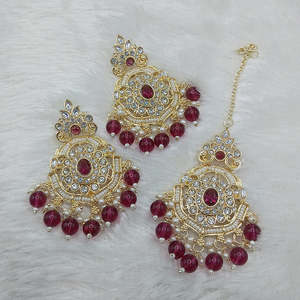 Boucles d'oreilles pendantes en Kundan et perles plaquées or avec Maangtikka, bijoux fins - 10574436DP - Product Image 3