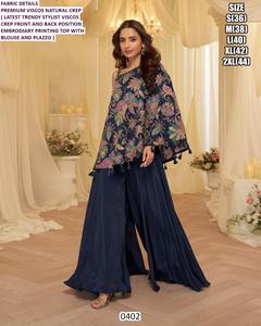 Conjunto Navy Noor Palazzo - Elegante Conjunto de Viscosa sin Cuello con Estampado Floral, Transpirable y de Secado Rápido, Corte Holgado y Bordado - Product Image 1