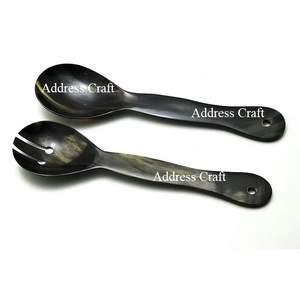 Indian Handmade Natural Buffalo Horn Salad Server Set Eco-Friendly Kitchen Utensils Dishwasher Safe <b>Serving</b> Spoon & Fork Cutlery - Product Image 4