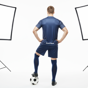 Maillot de football personnalisé à col en V avec nom d'équipe, bleu marine/bleu ciel avec bande jaune moutarde, professionnel, respirant, séchage rapide, unisexe - Product Image 4