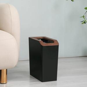 Poubelle rectangulaire noire moderne avec couvercle ouvert finition bois, poubelle contemporaine pour la maison, le bureau, le hall d'entrée, fabriquée en Inde - Product Image 2