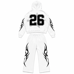 Conjunto de Sudadera con Capucha Blanca Extra Grande y Pantalones Deportivos con Estampado de Llamas Tribales, Traje de Dos Piezas Estilo Urbano Unisex - Product Image 3