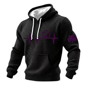 Men's Black Waffle Hoodie With Purple Clover ECG Print Front And Sleeve Casual Autumn Wear - Product Image 1