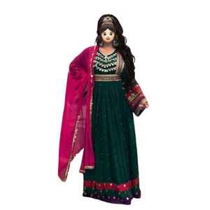 Vestido Afgano Kuchi Hecho a Mano, Étnico, Tribal, Tradicional, con Apliques de Encaje Bordado, Volantes, Cuello en V, Corte en A, Largo hasta la Rodilla, para Mujer - Product Image 1