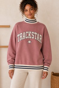 เสื้อสเวตเชิ้ตคอเต่าผู้หญิงสีครีมกรมท่าลายทางแต่งขอบริบบิ้น  แบบวาร์ซิตี้  ปักตัวอักษร Star Trackstar  รับผลิตตามสั่ง แบรนด์ส่วนตัว - Product Image 1