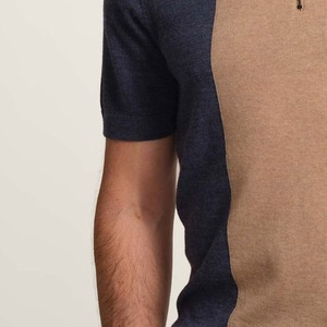 Camiseta de Manga Corta para Hombre, Cuello Alto, Bloques de Color, Tejido de Punto, Corte Regular, Casual, Holgada, Transpirable, 100% Algodón, Beige Marino - Product Image 5