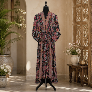 Designer Silk Maxi Gown Free Size Ibiza Black Paisley Print Hand Painted| Bohemian <b>Kaftan</b> <b>Dress</b> for Vacation and Holiday Wear - Product Image 2