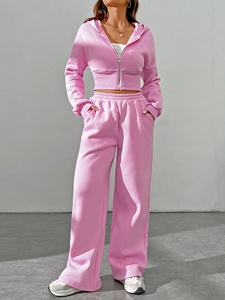 Women Pink Hooded Tracksuit Full Sleeve Solid Color Casual Sweatshirt Elastic Waist Pants Breathable Midweight <b>Jogging</b> <b>Suit</b> - Product Image 1