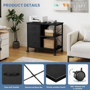 Armoire à roulettes avec 3 tiroirs en tissu, étagère réglable, roulettes verrouillables, noir - Product Image 4