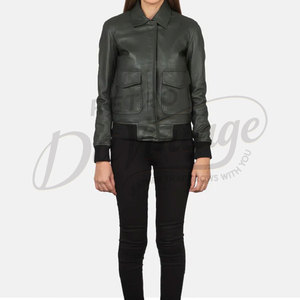 Premium Women Dark Green Real <b>Leather</b> Bomber <b>Jacket</b> Classic Shirt Collar Slim Fit Soft Sheepskin Casual Flight Coat - Product Image 3