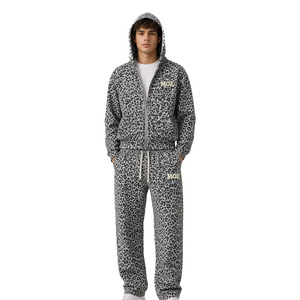 Hot Selling Leopard Print Full Zip Hoodies and Jogger Sets Custom Embroidered Logo Relaxed Fit Men's Casual Streetwear Supplier - Product Image 1