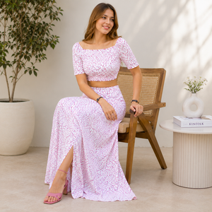 Women's Floral Print Two Piece <b>Maxi</b> <b>Skirt</b> Set Off Shoulder <b>Crop</b> <b>Top</b> & High Waist Summer Co-Ord Set OEM Custom Manufacturer - Product Image 6