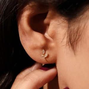 Leaf Shape Round Brilliant Cut Lab Grown Diamond Stud Dainty Earrings 14K Gold Fine Jewelry Wedding Party Bridal Gift for Lovers - Product Image 3