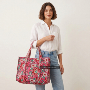 Bolsa de Mano Grande Acolchada de Algodón con Estampado Floral Rosa, Hecha a Mano, Multiusos, para la Playa, Viajes y Compras, para Mujer - Product Image 1