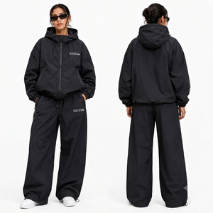 Vocksin <b>Women's</b> Black Waterproof Quick Dry Winter Hooded Windbreaker Tracksuit Lightweight Zipper <b>Jacket</b> Wide Leg Pants Set - Product Image 3