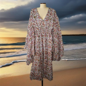 Indian Cotton Women's <b>Summer</b> <b>Dress</b> Full <b>Sleeves</b> Hand Block Print Button Casual Sweet Birthday <b>Dress</b> Floor-Length Beach Occasions - Product Image 1