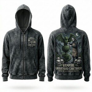 เสื้อฮู้ดซิปเต็มตัวลายกราฟิกสำหรับผู้ชาย สีชาร์โคล ล้างสีแบบแอซิด สตรีทแวร์ คุณภาพสูง พิมพ์ลายสีเต็มตัว ขายตรงจากโรงงาน - Product Image 1