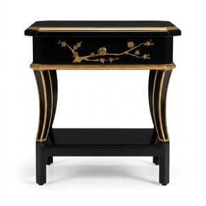 Chinese Style Solid Wood <b>Nightstand</b> with Gold Floral Inlay 1-Drawer Storage Modern Bedroom Furniture - Product Image 1