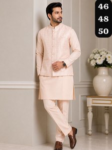 NOIIR PIGEON Ensemble ethnique 3 pièces en soie jacquard pour homme, sans plis, longueur genou, coupe classique, pour mariage et fête, style indien - Product Image 1