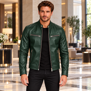 Veste d'extérieur en cuir véritable vert pour homme OEM, design moderne à col montant avec poches zippées sur la poitrine et sur les côtés - Product Image 2