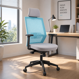 Chaise de bureau ergonomique moderne en tissu et métal certifiée BIFMA avec appuie-tête réglable électriquement, pivotante de luxe pour salle de réunion - Product Image 1
