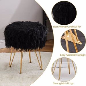 Round Furry Vanity Stool with Marble Tray <b>Compact</b> Soft <b>Makeup</b> Seat Faux Fur Storage Ottoman 4 Metal Legs - Product Image 5