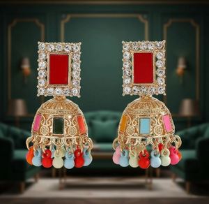 Pendientes de Moda con Incrustaciones de Arcoíris y Pedrería en Forma de Campana, Chapados en Oro/Plata, Aleación de Zinc, Casuales/Deportivos para Mujer, Jhumka Exquisitos - Product Image 4
