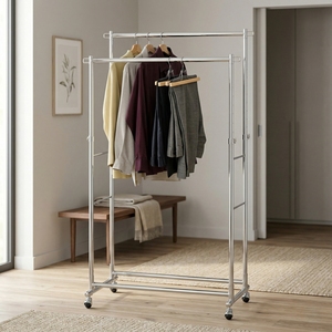 Almacenamiento en el hogar Nuevo estante de ropa extensible de alta resistencia con diseño de metal de doble nivel para uso en sala de estar y cocina - Product Image 1