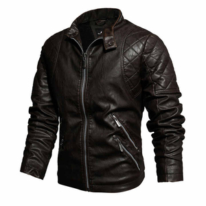 Chaqueta de Motociclista de Cuero Genuino para Hombre, Cuello Alto, Cierre de Cremallera, Estilo Biker - Product Image 1