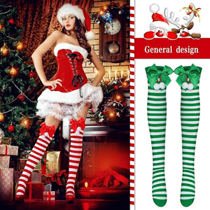 Chaussettes de Noël pour femmes, au-dessus du genou, avec nœud et pompon, rayées rouge et vert, bas cuissardes d'hiver - Product Image 3