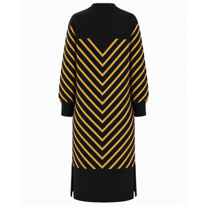 NCBW Sorority Women's Longline Open Front Cardigan Black Gold Striped Ribbed Cuffs Embroidered Duster Sweater With Side Slits - Product Image 5