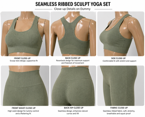 Women Seamless Ribbed <b>Yoga</b> <b>Set</b> High Waist Leggings Racerback Sports Bra Gym Fitness Activewear Wholesale - Product Image 4