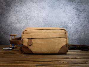 Double Zipper Canvas Leather Dopp Kit Custom Logo <b>Mens</b> Travel Toiletry Bag Waterproof Shaving Organizer <b>Pouch</b> LCTB-0052 - Product Image 2