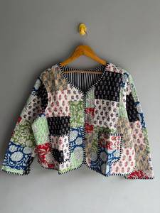 Floral Patchwork Quilted Cotton Jacket Women V Neck Three Quarter Sleeve Autumn Outerwear Casual Cardigan gift for her - Product Image 1