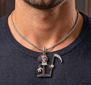 Collier pendentif Halloween en argent 925 avec moissanite et perle d'eau douce, chaîne à maillons, breloque crâne de dessin animé et Grim Reaper, bijou pour fête - Product Image 5