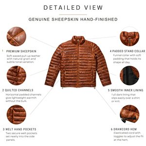 Blouson matelassé en cuir marron pour homme, col montant, fermeture éclair, coupe-vent, décontracté, hiver, rembourrage épais en duvet, coupe classique - Product Image 6
