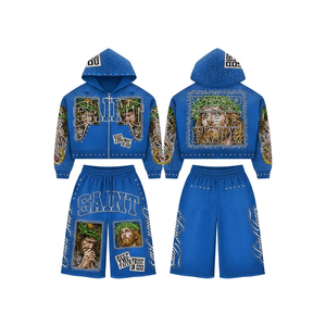 Ensemble sweat à capuche zippé streetwear de qualité supérieure pour homme, noir, imprimé numérique, veste polaire zippée et short, style été - Product Image 4
