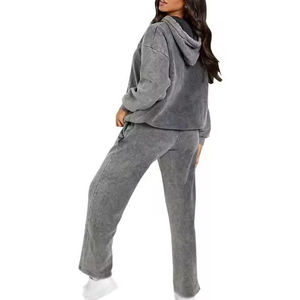 Ensemble sweat-shirt et pantalon gris surdimensionné à capuche, couleur unie, tissu French Terry, unisexe, vêtements décontractés d'automne, coupe classique - Product Image 2