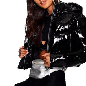 Winter Women Shiny Crop Hooded Puffer Jacket Solid Color <b>Bubble</b> <b>Coat</b> Thick Warm Zipper Down Jacket - Product Image 5