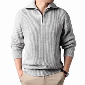 Pull en laine 100% pour homme, tricoté épais, avec fermeture éclair 1/4, col rabattu, couleur unie, vêtements d'hiver - Product Image 1