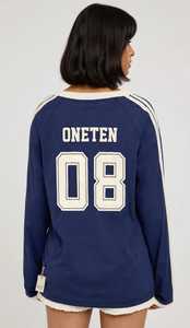 Oneten Women Navy Blue <b>V</b> <b>Neck</b> <b>Long</b> <b>Sleeve</b> Drop Shoulder Jersey <b>Top</b> With Number 08 - Product Image 2