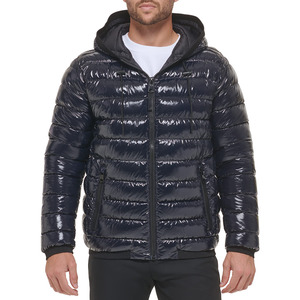 Men's High Quality Royal Blue Puffer Jacket 300 GSM Nylon Bubble <b>Coats</b> Canvas Stand Collar <b>Winter</b> Warmth with Patchwork Design - Product Image 1