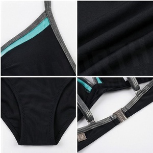Ensemble bikini noir pour femme avec haut dos nu à bordure contrastante vert sarcelle et bas à nouer sur les côtés - Product Image 4