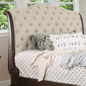 Base de Cama Tipo Trineo con Cabecera y Piecera Curvas en Acabado de Madera Enriquecido para Decoración de Dormitorio Clásica - Product Image 3