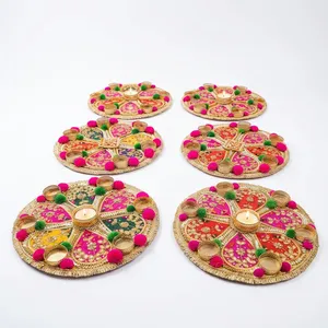 Handmade Round Wooden <b>Candle</b> Stand With Embroidered Floral Design <b>Pink</b> Green Pompoms For Wedding Home Decoration - Product Image 1