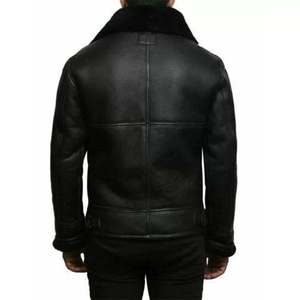 Custom Men Black Leather Jacket <b>Fur</b> Collar Winter Shearling Style Premium Quality Wholesale - Product Image 3