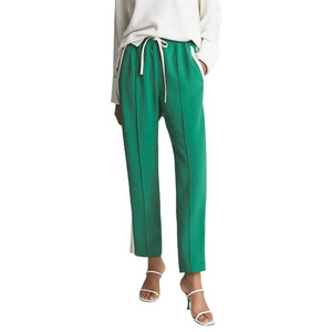 Pantalones de Punto para Mujer, Color Verde, Cintura Media, con Cordón, Pierna Recta, Color Sólido, Largo hasta el Tobillo, Estilo Casual de Primavera, Transpirables, Corte Regular - Product Image 3