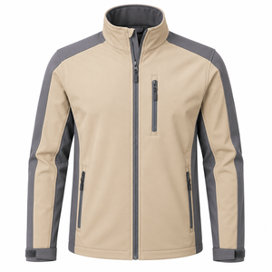 Veste en polaire coupe-vent beige pour homme avec col montant et fermeture éclair, vêtement décontracté pour l'extérieur, saison automne - Product Image 1