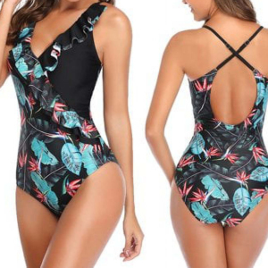 Maillot de bain une pièce pour femme, col en V, imprimé tropical, volants, sexy, maillot de bain d'été, séchage rapide, spandex, polyester - Product Image 4