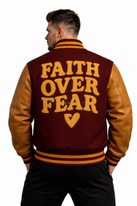 เสื้อแจ็คเก็ตบอมเบอร์ Unisex FEARLESS 31 นิ้ว - แบบสั่งทำพิเศษ ด้านหน้าสีน้ำตาลแทน สไตล์ Letterman กันน้ำ เหมาะสำหรับใส่ในคลับ ทีม หรือแบบส่วนตัว - Product Image 5